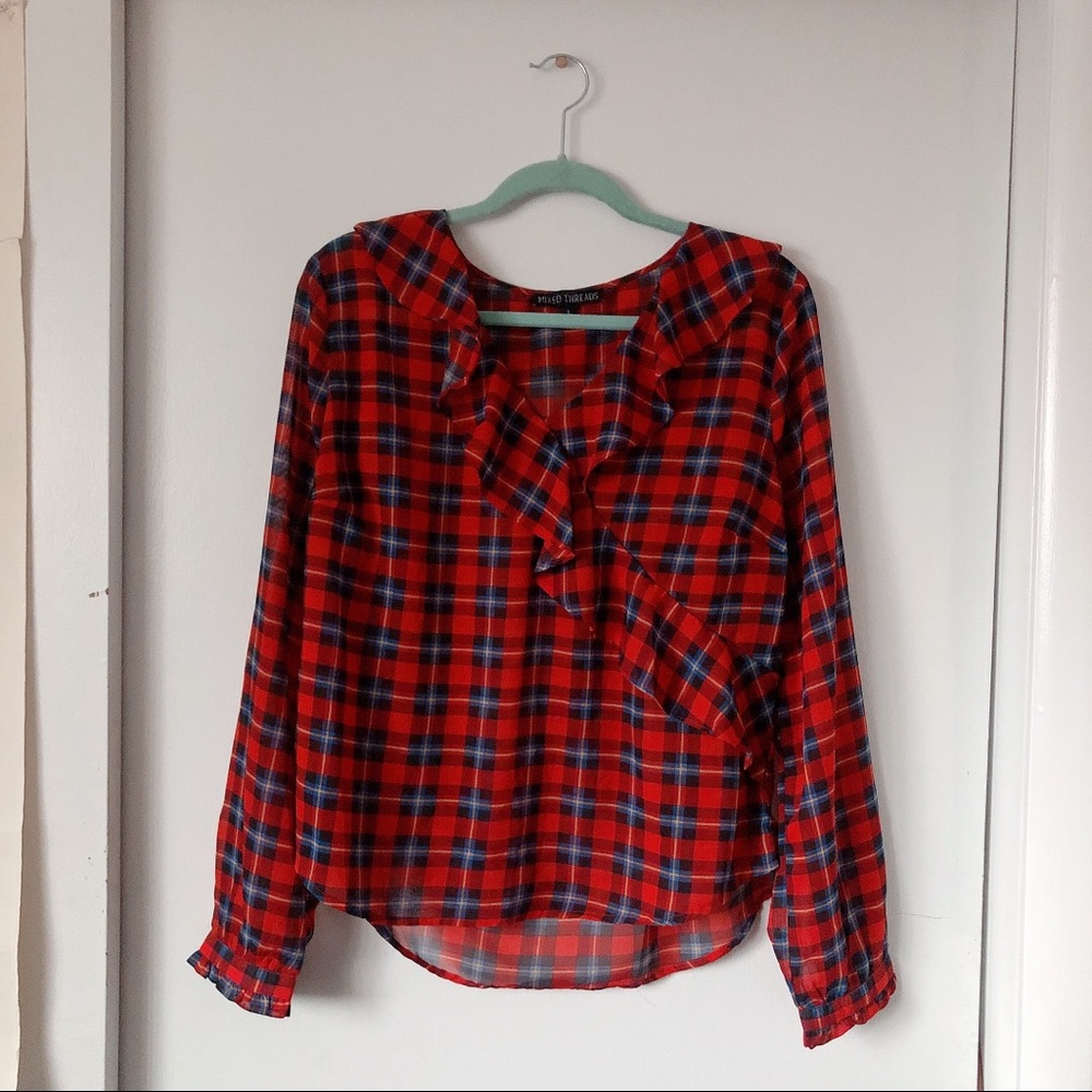 Red Sheer Plaid Blouse